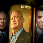 INDIANAPOLIS, INDIANA, UNITED STATES - 2019/04/27: Photos of NRA Chief Executive and Executive Vice President Wayne LaPierre, (L), former president of the NRA Oliver North (M) and chief lobbyist and principal political strategist for the Institute for Legislative Action Chris Cox (R) are on display during the during the third day of the National Rifle Association convention being held nearby. (Photo by Jeremy Hogan/SOPA Images/LightRocket via Getty Images)