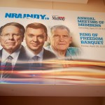 INDIANAPOLIS, INDIANA, UNITED STATES - 2019/04/27: A photo of Chief Executive and Executive Vice President Wayne LaPierre, chief lobbyist and principal political strategist for the Institute for Legislative Action Chris Cox and former NRA president Oliver North, is displayed on the Indiana Convention Center during the third day of the National Rifle Association convention. (Photo by Jeremy Hogan/SOPA Images/LightRocket via Getty Images)