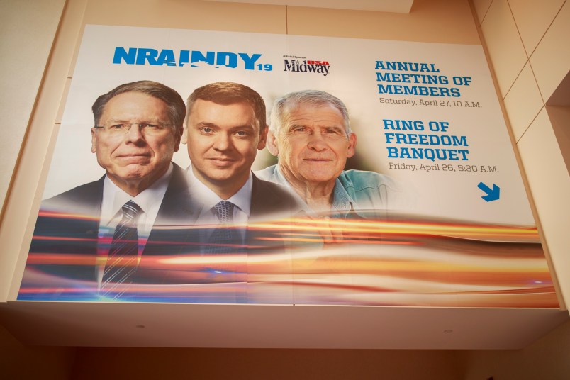 INDIANAPOLIS, INDIANA, UNITED STATES - 2019/04/27: A photo of Chief Executive and Executive Vice President Wayne LaPierre, chief lobbyist and principal political strategist for the Institute for Legislative Action Chris Cox and former NRA president Oliver North, is displayed on the Indiana Convention Center during the third day of the National Rifle Association convention. (Photo by Jeremy Hogan/SOPA Images/LightRocket via Getty Images)