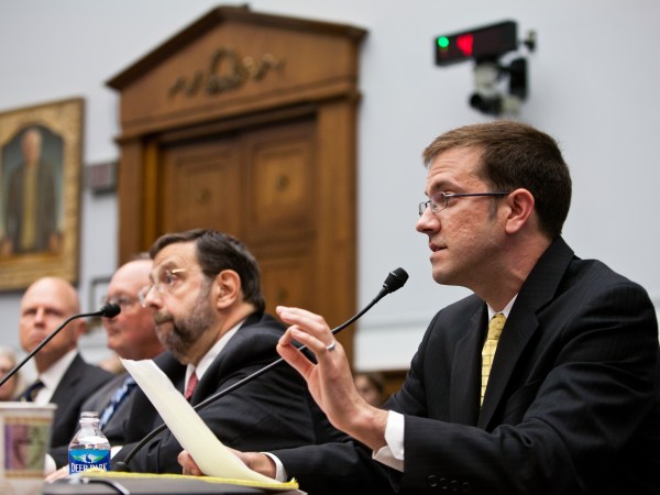 WASHINGTON - SEPTEMBER 15: Stephen Crimmins, partner at K&L Gates LLP, Jonathan "Jack" Katz, a former secretary of the Securities and Exchange Commision, Harvey Pitt, Chief Executive Officer of Kalorama Partners LLC, and J.W. Verret, assistant professor of law at George Mason University School of Law (L-R), testify at a hearing on Capitol Hill on September 15, 2011 in Washington, DC. The hearing focused on recent legeslative proposals to increase the efficiency of the agency in the face of budget restrictions. (Photo by Brendan Hoffman/Getty Images) *** Local Caption *** Harvey Pitt;Jonathan "Jack" Katz;Stephen Crimmins;J.W. Verret