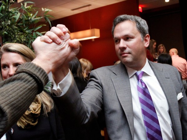 Republican candidate for Lt. Governor Dan Forest is greeted by a supporter as he watches election returns at Sparians, an entertainment complex in North Hills in Raleigh, North Carolina on Tuesday, November 6, 2012. Forest is running against Democrat Linda Coleman. (Chris Seward/Raleigh News & Observer/MCT)