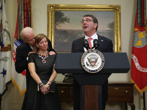 WASHINGTON, DC - FEBRUARY 17:  Ashton Carter (R) makes remarks after he was sworn in as U.S. Secretary of Defense as his wife Stephanie (2nd L)  Vice President Joe Biden (L) listen February 17, 2015 in the Roosevelt Room of the White House in Washington, DC. Carter has become the 25th U.S. Secretary of Defense.  (Photo by Alex Wong/Getty Images)