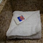 Soap on sink at a Motel 6,  a low cost budget conscious hotel chain located in cities across the United States of America.