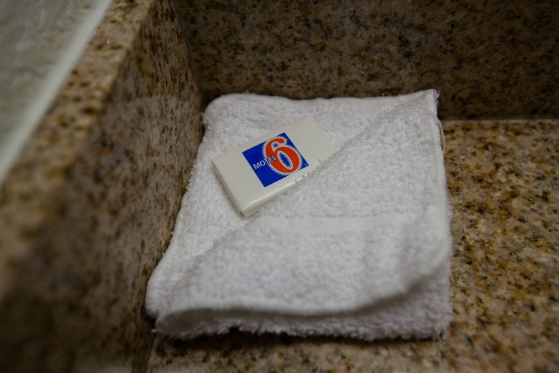 Soap on sink at a Motel 6,  a low cost budget conscious hotel chain located in cities across the United States of America.