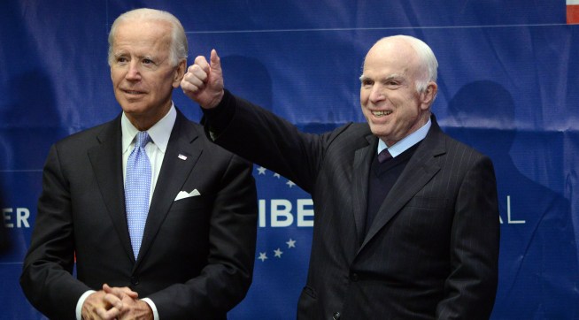 PHILADELPHIA, PA - OCTOBER 16: Sen. John McCain (R-AZ) give a thumbs up before receiving  the the 2017 Liberty Medal from former Vice President Joe Biden (left) at the National Constitution Center on October 16, 2017 in Philadelphia, Pennsylvania. (Photo by William Thomas Cain/Getty Images)