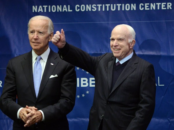 PHILADELPHIA, PA - OCTOBER 16: Sen. John McCain (R-AZ) give a thumbs up before receiving  the the 2017 Liberty Medal from former Vice President Joe Biden (left) at the National Constitution Center on October 16, 2017 in Philadelphia, Pennsylvania. (Photo by William Thomas Cain/Getty Images)