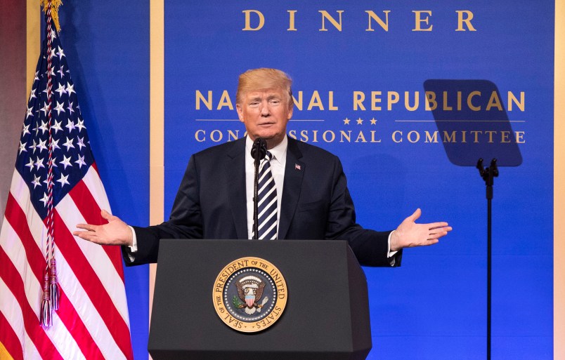 President Donald Trump delivers remarks at the National Republican Congressional Committee March Dinner at the National Building Museum on March 20, 2018 in Washington, D.C. Photo by Kevin Dietsch/UPI