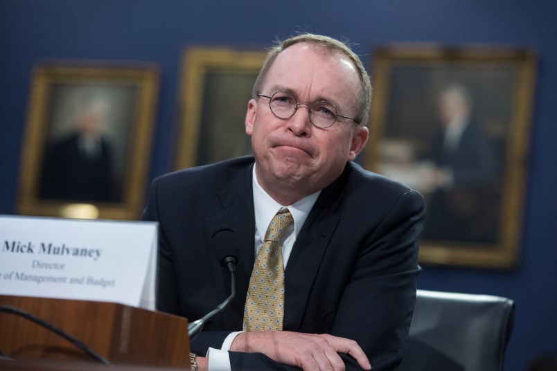 UNITED STATES - APRIL 18: Office of Management and Budget Director Mick Mulvaney testifies before a House Appropriations Financial Services and General Government Subcommittee hearing in Rayburn Building on FY2019 Budget for OMB on April 18, 2018. (Photo By Tom Williams/CQ Roll Call)