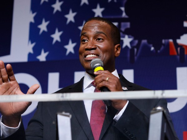 DETROIT, MI - AUGUST 7: John James, Michigan GOP Senate candidate, speaks at an election night event after winning his primary election at his business James Group International  August 7th, 2018 in Detroit, Michigan. James, who has President Donald Trump's endorsement, will face Democrat incumbent Senator Debbie Stabenow (D-MI) in November. (Photo by Bill Pugliano/Getty Images)