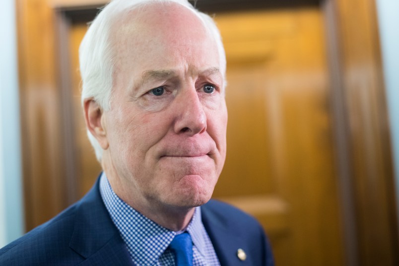 UNITED STATES - OCTOBER 2: Senate Majority Whip John Cornyn, R-Texas, talks with talks with reporters in Dirksen Building on October 2, 2018. (Photo By Tom Williams/CQ Roll Call)