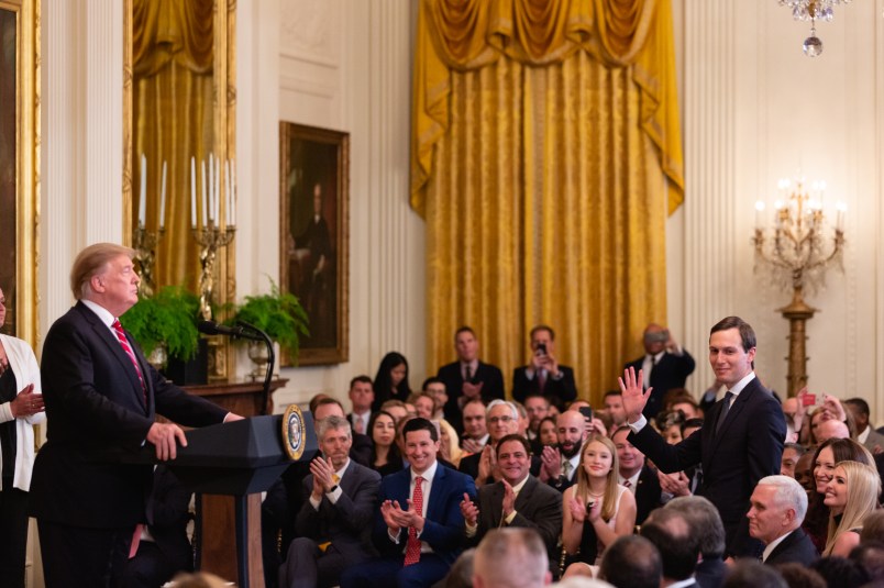 U.S. President Donald Trump recognizes White Senior Advisor Jared Kushner, at the 2019 White House Prison Reform Summit and First Step Act celebration. Hosted in the East Room of the White House in Washington, D.C., On Monday, April 1, 2019. (Photo by Cheriss May/NurPhoto)