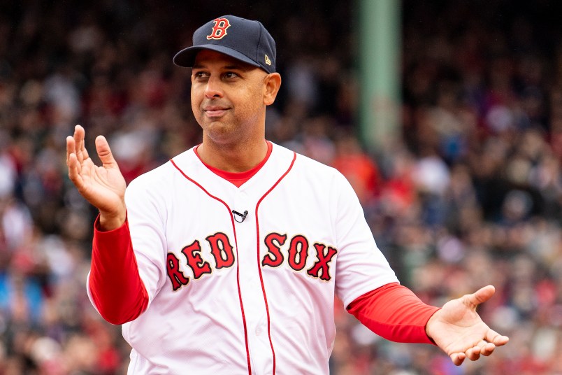 BOSTON, MA - APRIL 9: Manager Alex Cora of the Boston Red Sox is introduced during a 2018 World Series championship ring ceremony before the Opening Day game against the Toronto Blue Jays on April 9, 2019 at Fenway Park in Boston, Massachusetts. (Photo by Billie Weiss/Boston Red Sox/Getty Images) *** Local Caption *** Alex Cora
