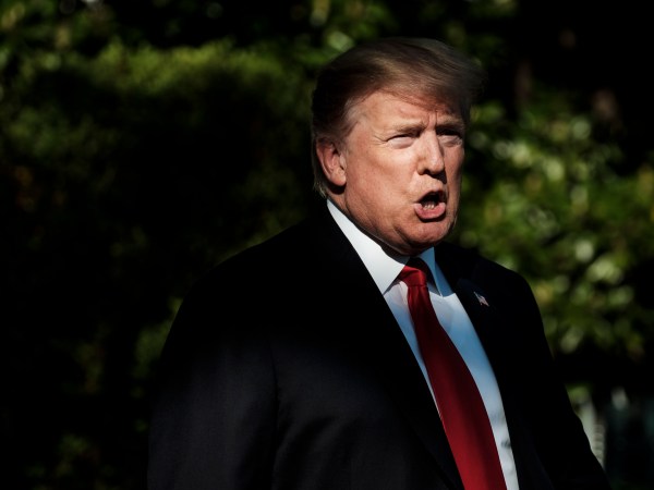 WASHINGTON, DC - APRIL 27: President Donald Trump stops to talk to the media about the shooting in a California Mosque as he makes his way to Marine One on the South Lawn of the White House as he travels to Green Bay Wisconsin for a campaign rally on April 27, 2019 in Washington, DC. The President was traveling on the night of the annual White House Correspondents’ Association dinner in Washington. (Photo by Pete Marovich/Getty Images)