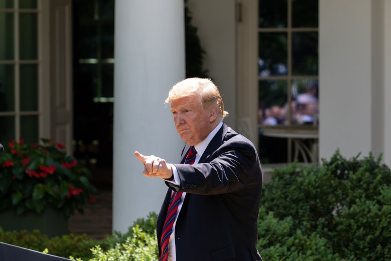 U.S. President Donald Trump leaves the Rose Garden of the White House, after unveiling a new legal immigration proposal, which would prioritize high-skilled immigrants and restrict family-based migration, on Thursday, May 16, 2019. (Photo by Cheriss May/NurPhoto)