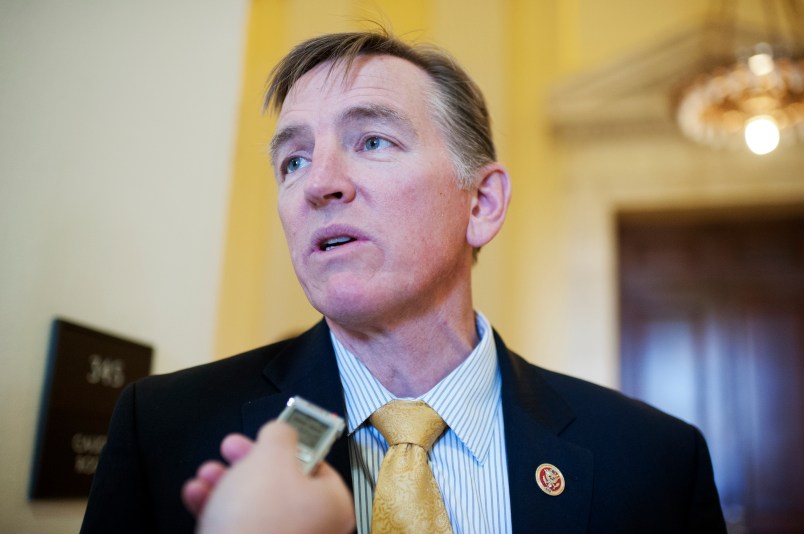 UNITED STATES - NOVEMBER 14: Rep. Paul Gosar, R-Ariz., talks with reporters outside a meeting of House Republican Steering Committee meeting in Cannon Building, November 14, 2014. (Photo By Tom Williams/CQ Roll Call)