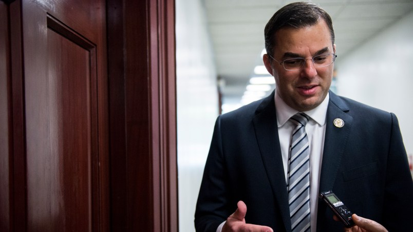 UNITED STATES - SEPTEMBER 29: Rep. Justin Amash, R-Mich., speaks with a reporter outside of the House Republican Conference meeting in the basement of the U.S. Capitol on Tuesday, Sept. 29, 2015. (Photo By Bill Clark/CQ Roll Call)