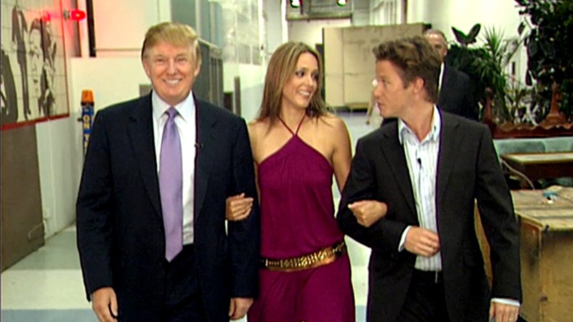 VIDEO FRAME GRAB: In this 2005 frame from video, Donald Trump prepares for an appearance on 'Days of Our Lives' with actress Arianne Zucker (center). He is accompanied to the set by Access Hollywood host Billy Bush. (Obtained by The Washington Post)