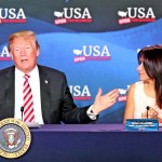 U.S. President Donald Trump, flanked by Maximo Alvarez and Irina Vilarino, talks at a Roundtable Discussion on Tax Reform on Monday, April 16, 2018 at Bucky Dent Park in Hialeah, Fla. (Charles Trainor Jr./Miami Herald/TNS)