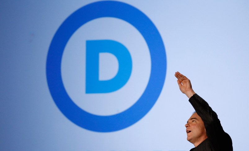 Democratic National Committee Chairman Tim Kaine reveals his party's new logo during an event in the Jack Morton Auditorium on the campus of George Washington University September 15, 2010 in Washington, DC. Kaine revealed the logo after an event to drum up excitement ahead of the November midterm elections.