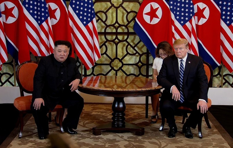 HANOI, VIETNAM - FEBRUARY 28: A handout photo of U.S. President Donald Trump (R) and North Korean leader Kim Jong-un (L) during their second summit meeting at the Sofitel Legend Metropole hotel on February 28, 2019 in Hanoi, Vietnam. U.S President Donald Trump and North Korean leader Kim Jong-un abruptly cut short their two-day summit in Vietnam as talks broke down and both leaders failed to reach an agreement on nuclear disarmament. Trump said in a press conference on Thursday that the United States was unwilling to lift all sanctions and no plans had been made for a third summit. (Photo by Vietnam News Agency/Handout/Getty Images)
