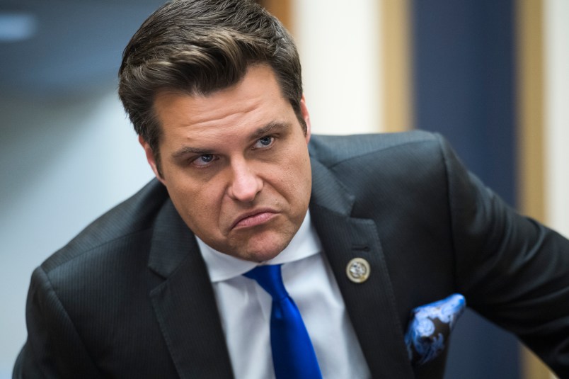UNITED STATES - MAY 8: Rep. Matt Gaetz, R-Fla., is seen during a House Judiciary Committee markup in Rayburn Building on Wednesday, May 8, 2019, to vote on whether to hold Attorney General William Barr in contempt of Congress for refusing to turn over the unredacted Mueller report to the committee. (Photo By Tom Williams/CQ Roll Call)