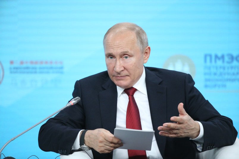 SAINT PETERSBURG, RUSSIA - JUNE,7 (RUSSIA OUT) Russian President Vladimir Putin speeches during the enegry forum meeting at the SPIEF 2019 Saint Petersburg International Economic Forum in Saint Petersburg, Russia, June,6, 2019. Vladimir Putin and other foreign leaders attends  the SPIEF 2019  today. Photo by Mikhail Svetlov/Getty Images