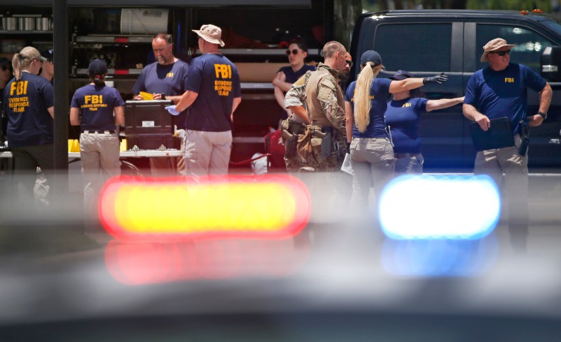 DALLAS, TX - JUNE 17: FBI agents gather near the Earle Cabell Federal Building on June 17, 2019 in Dallas, Texas. The shooter, identified as 22 year-old Brian Isaack Clyde, was shot dead after opening fire on the courthouse. No one else was injured in the shooting. (Photo by Ron Jenkins/Getty Images)