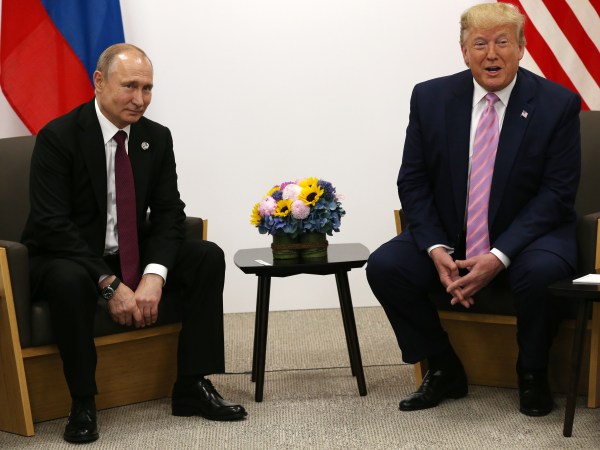 OSAKA, JAPAN - JUNE,28 (RUSSIA OUT) U.S. President Donald Trump (R) and Russian President Vladimir Putin (L) attend their bilateral meeting at the G20 Osaka Summit 2019, in Osaka, Japan, June,28,2019. Vladimir Putin has arrived to Japan to partcipate the G20 Osaka Summit and to meet U.S.President Donald Trump.  Photo by Mikhail Svetlov/Getty Images