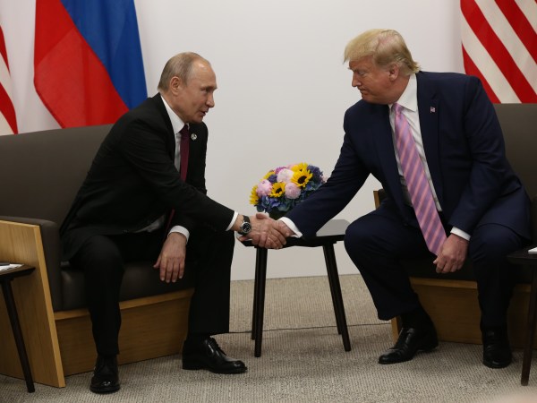 OSAKA, JAPAN - JUNE,28 (RUSSIA OUT) U.S. President Donald Trump (R) and Russian President Vladimir Putin (L) attend their bilateral meeting at the G20 Osaka Summit 2019, in Osaka, Japan, June,28,2019. Vladimir Putin has arrived to Japan to partcipate the G20 Osaka Summit and to meet U.S.President Donald Trump.  Photo by Mikhail Svetlov/Getty Images