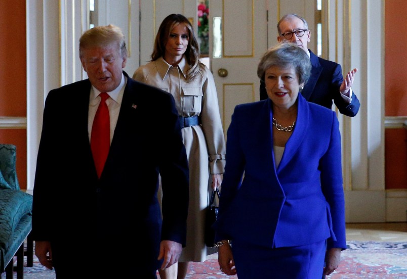 U.S. President Donald Trump and first lady Melania Trump meet with Britain's Prime Minister Theresa May and her husband Philip in Downing Street, as part of Trump's state visit in London, Britain, June 4, 2019. REUTERS/Henry Nicholls/Pool