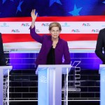 MIAMI, FLORIDA - JUNE 26: (L-R) Sen. Cory Booker (D-NJ), Sen. Elizabeth Warren (D-MA) and former Texas congressman Beto O'Rourke take part in the first night of the Democratic presidential debate on June 26, 2019 in Miami, Florida.  A field of 20 Democratic presidential candidates was split into two groups of 10 for the first debate of the 2020 election, taking place over two nights at Knight Concert Hall of the Adrienne Arsht Center for the Performing Arts of Miami-Dade County, hosted by NBC News, MSNBC, and Telemundo. (Photo by Joe Raedle/Getty Images)