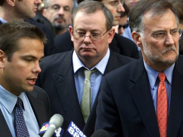 Gary Friedman –– – 037808.na.1019.anthrax3.gf Lachlan Murdoch (LEFT), Chairman of the N.Y. Post, Col Allan, Editor–In Chief (MIDDLE), & Ken Chandler (RIGHT), publisher of the N.Y. Post, addresses the media outside the N.Y. Post in midtown Manhattan on Friday, 10/19/2001––theywere talking about one of the papers employees who tested positive for cutaneous anthrax. The employee was first tested for anthrax following the discovery of anthrax at NBC last Friday. Initial tests of this employee since last Friday for anthrax came back negative. The source for the infection is unknown: the employee, a female member of the support staff for the editorial page editor, has already returned to work & is expected to make a complete recovery. She first noticed a blister on one of her fingers on 9/22. She scratched the blister & it became infected. She later visited a medical clinic, where she was treated w/antibiotics. Several days later, the employee removed the bandage on the finger &noticed a black sore. She then visited a hospital & was treated w/more antibiotics., after which she returned to work.