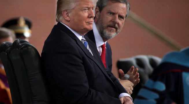 LYNCHBURG, VA - MAY 13:  U.S. President Donald Trump (L) and Jerry Falwell (R), President of Liberty University, on stage during a commencement at Liberty University May 13, 2017 in Lynchburg, Virginia. President Trump is the first sitting president to speak at LibertyÕs commencement since George H.W. Bush spoke in 1990.  (Photo by Alex Wong/Getty Images)