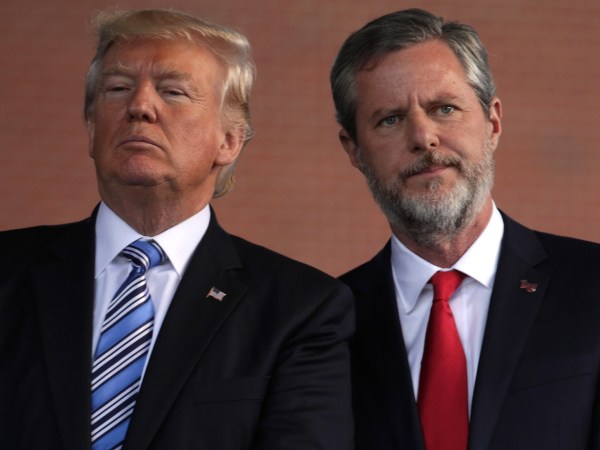 LYNCHBURG, VA - MAY 13:  U.S. President Donald Trump (L) and Jerry Falwell (R), President of Liberty University, on stage during a commencement at Liberty University May 13, 2017 in Lynchburg, Virginia. President Trump is the first sitting president to speak at LibertyÕs commencement since George H.W. Bush spoke in 1990.  (Photo by Alex Wong/Getty Images)