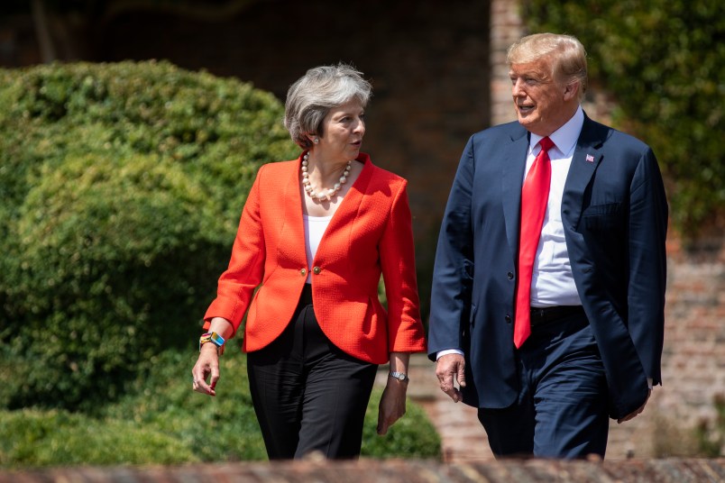 AYLESBURY, ENGLAND - JULY 13: Prime Minister Theresa May and U.S. President Donald Trump hold a joint press conference at Chequers on July 13, 2018 in Aylesbury, England. US President, Donald Trump, held bi-lateral talks with British Prime Minister, Theresa May at her grace-and-favour country residence, Chequers. Earlier British newspaper, The Sun, revealed criticisms of Theresa May and her Brexit policy made by President Trump in an exclusive interview. Later today The President and First Lady will join Her Majesty for tea at Windosr Castle. (Photo by Dan Kitwood/Getty Images)