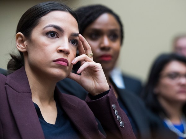 UNITED STATES - FEBRUARY 27: From left, Reps. Alexandria Ocasio-Cortez, D-N.Y., and Ayanna Pressley, D-Mass., and Rashida Tlaib, D-Mich., are seen during a House Oversight and Reform Committee hearing in Rayburn Building featuring testimony by Michael Cohen, former attorney for President Donald Trump, on Russian interference in the 2016 election on Wednesday, February 27, 2019. (Photo By Tom Williams/CQ Roll Call)