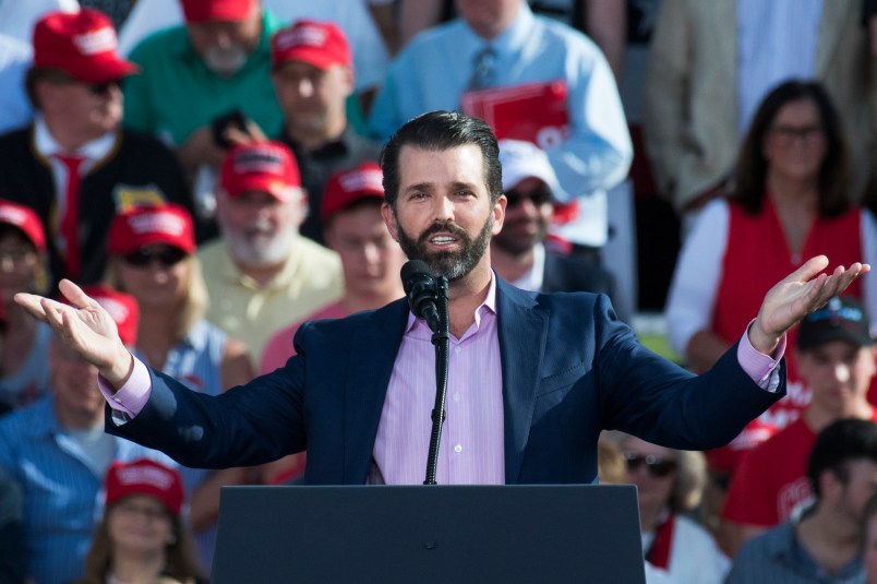 UNITED STATES - MAY 20: Donald Trump, Jr. speaks during a rally with President Donald Trump speak during a rally at the Williamsport Regional Airport in Montoursville, Pa., on Monday, May 20, 2019. (Photo By Tom Williams/CQ Roll Call)