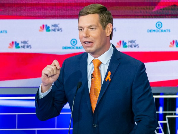 Democratic presidential candidate Rep. Eric Swalwell (D-Calif.) speaks during the second night of the first Democratic presidential debate on Thursday, June 27, 2019, at the Arsht Center for the Performing Arts in Miami. (Al Diaz/Miami Herald/TNS)