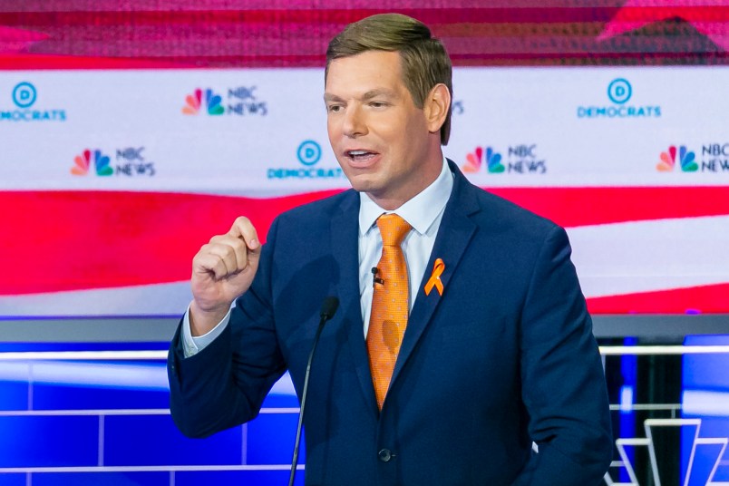 Democratic presidential candidate Rep. Eric Swalwell (D-Calif.) speaks during the second night of the first Democratic presidential debate on Thursday, June 27, 2019, at the Arsht Center for the Performing Arts in Miami. (Al Diaz/Miami Herald/TNS)