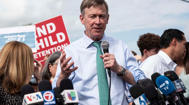 Democratic presidential candidate, Governor John Hickenlooper, makes a statement to media outside of the Homestead Detention Center on June 28, 2019 in Homestead, Fla. (Jennifer King/MIami Herald/TNS)