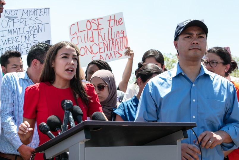 CLINT, TX - JULY 01: Rep.  Alexandria Ocasio-Cortez (D-NY) addresses the media after touring the Clint, TX Border Patrol Facility housing  children on July 1, 2019 in Clint, Texas. Reports of inhumane conditions have plagued the facility where migrant children are being held. (Photo by Christ Chavez/Getty Images)