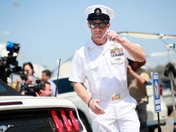 SAN DIEGO, CA - JULY 02: Navy Special Operations Chief Edward Gallagher walks out of military court during lunch recess on Tuesday, July 2, 2019 in San Diego, CA.  Jury deliberations begin today for Chief Gallagher  who is on trial for war crimes for shooting of unarmed civilians in Iraq in 2017, including a school-age girl, and with killing a captured teenage ISIS fighter with a knife, among other crimes while deployed . (Photo by Sandy Huffaker/Getty Images)