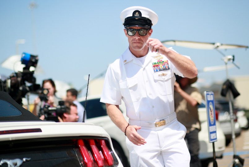 SAN DIEGO, CA - JULY 02: Navy Special Operations Chief Edward Gallagher walks out of military court during lunch recess on Tuesday, July 2, 2019 in San Diego, CA.  Jury deliberations begin today for Chief Gallagher  who is on trial for war crimes for shooting of unarmed civilians in Iraq in 2017, including a school-age girl, and with killing a captured teenage ISIS fighter with a knife, among other crimes while deployed . (Photo by Sandy Huffaker/Getty Images)