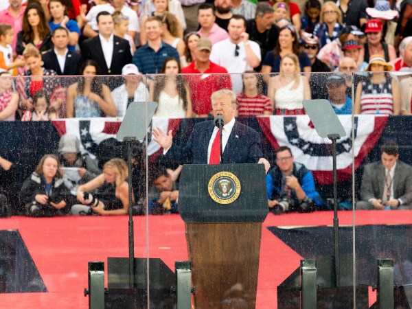 WASHINGTON, D C , UNITED STATES - 2019/07/04: President Donald Trump speaking at the National Mall in Washington, DC during the Independence Day on July 4. (Photo by Michael Brochstein/SOPA Images/LightRocket via Getty Images)