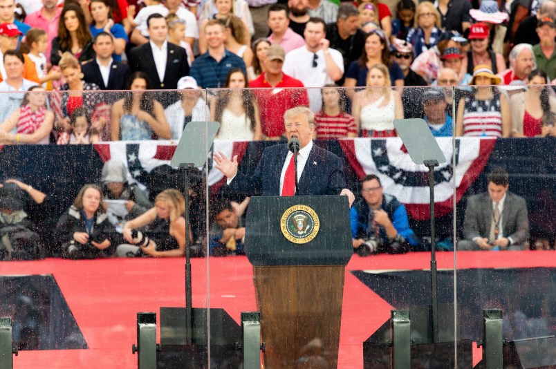 WASHINGTON, D C , UNITED STATES - 2019/07/04: President Donald Trump speaking at the National Mall in Washington, DC during the Independence Day on July 4. (Photo by Michael Brochstein/SOPA Images/LightRocket via Getty Images)