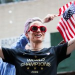 NEW YORK, July 11, 2019 -- U.S. women's soccer team member Megan Rapinoe celebrates the ticker-tape parade for World Cup-winning United States women's soccer team in New York, the United States, July 10, 2019. (Photo by Wang Ying/Xinhua via Getty)