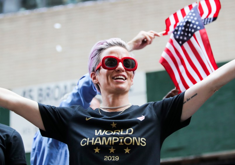 NEW YORK, July 11, 2019 -- U.S. women's soccer team member Megan Rapinoe celebrates the ticker-tape parade for World Cup-winning United States women's soccer team in New York, the United States, July 10, 2019. (Photo by Wang Ying/Xinhua via Getty)