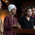 UNITED STATES - JULY 15: From left, Reps. Rashida Tlaib, D-Mich., Ilhan Omar, D-Minn., Alexandria Ocasio-Cortez, D-N.Y., and Ayanna Pressley, D-Mass., conduct a news conference in the Capitol Visitor Center responding to negative comments by President Trump that were directed the freshman House Democrats on Monday, July 15, 2019. (Photo By Tom Williams/CQ Roll Call)