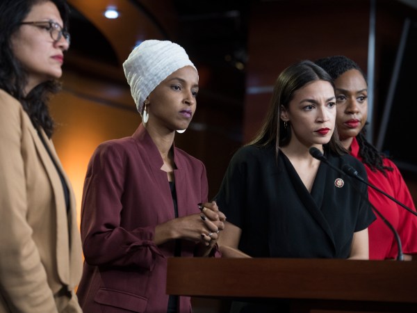 UNITED STATES - JULY 15: From left, Reps. Rashida Tlaib, D-Mich., Ilhan Omar, D-Minn., Alexandria Ocasio-Cortez, D-N.Y., and Ayanna Pressley, D-Mass., conduct a news conference in the Capitol Visitor Center responding to negative comments by President Trump that were directed the freshman House Democrats on Monday, July 15, 2019. (Photo By Tom Williams/CQ Roll Call)
