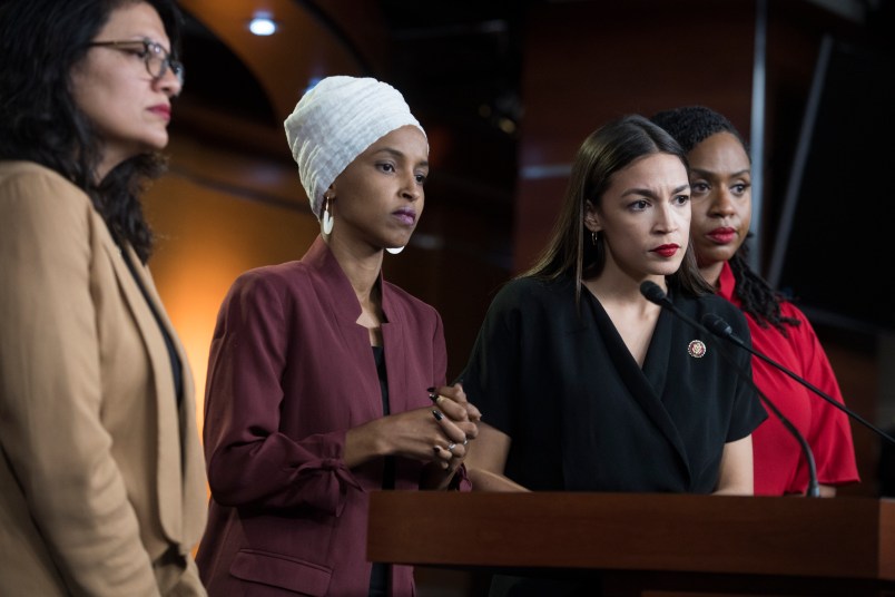 UNITED STATES - JULY 15: From left, Reps. Rashida Tlaib, D-Mich., Ilhan Omar, D-Minn., Alexandria Ocasio-Cortez, D-N.Y., and Ayanna Pressley, D-Mass., conduct a news conference in the Capitol Visitor Center responding to negative comments by President Trump that were directed the freshman House Democrats on Monday, July 15, 2019. (Photo By Tom Williams/CQ Roll Call)